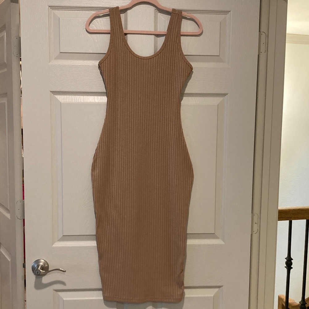 Fair Beauty Bodycon Sleeveless Tank Dress Ribbed Camel Brown Mocha Size Medium